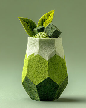 A papercraft beverages figure crafted in geometric origami style of green tea smoothie with whipped cream, isolated on white background