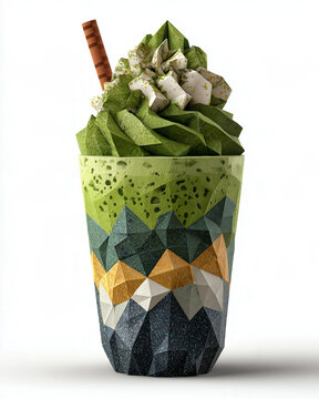 A papercraft beverages figure crafted in geometric origami style of green tea smoothie with whipped cream, isolated on white background