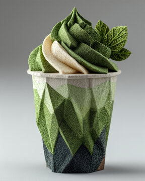 A papercraft beverages figure crafted in geometric origami style of green tea smoothie with whipped cream, isolated on white background
