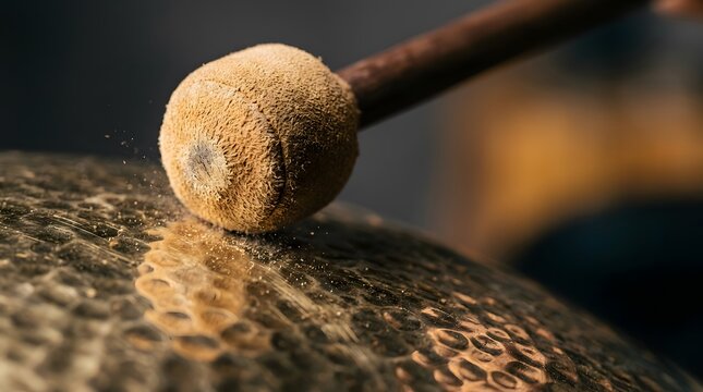 A close-up shot of a mallet striking a large metallic gong, capturing the moment of impact and musical vibration.