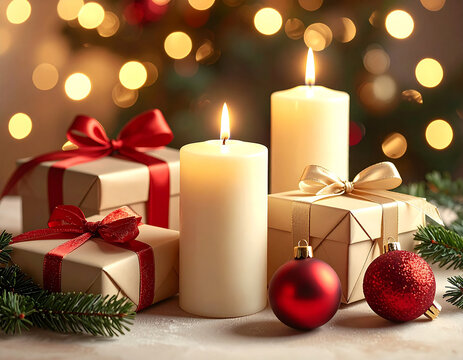 Wrapped gift boxes gold ribbons burning candles red baubles Christmas tree lights bokeh background festive winter holiday celebration cozy evening mood