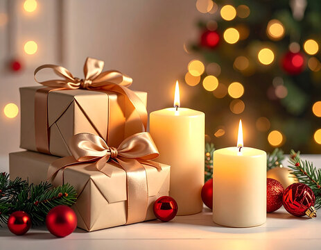 Wrapped gift boxes gold ribbons burning candles red baubles Christmas tree lights bokeh background festive winter holiday celebration cozy evening mood