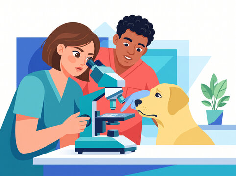 Veterinarian Examining Dog Sample with Microscope, Veterinary Laboratory.