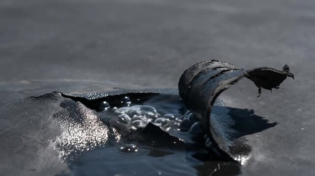 weathered black rubber roofing membrane releasing actively bubbling trapped water from a large tear in the surface