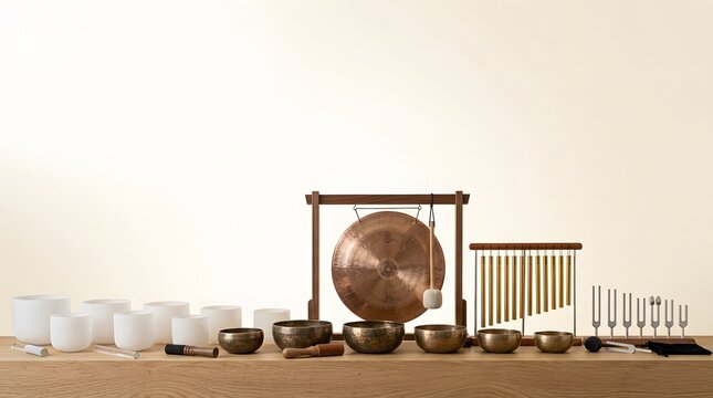 A collection of sound therapy instruments including singing bowls, gongs, chimes, and tuning forks on a table against a neutral background.