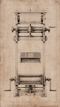A detailed technical drawing of a vintage industrial printing machine shown in a front view on an aged paper background with visible construction lines