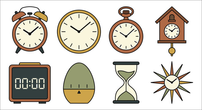 Collection of timekeeping devices in a colorful vector illustration style