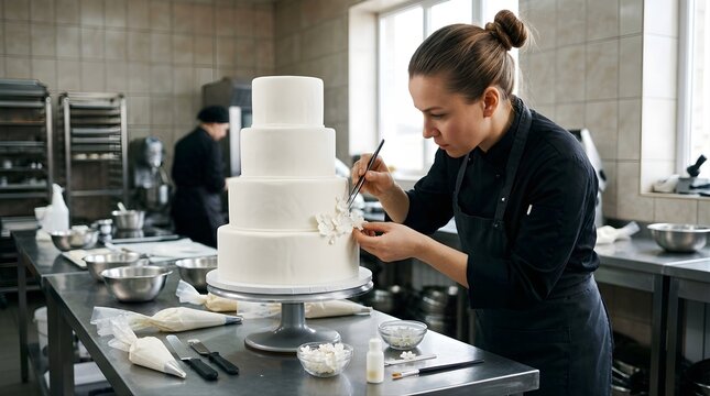 Professional pastry chef decorating a tiered wedding cake in a kitchen