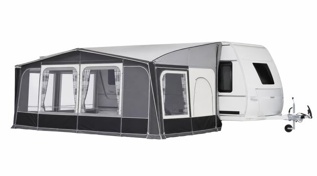 Wohnwagen mit Vollvorzelt auf weissem Hintergrund