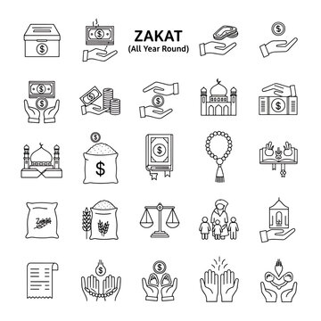 Zakat icons set. Charity and donation symbols. Islamic religious giving concept. All year round zakat vector illustration.