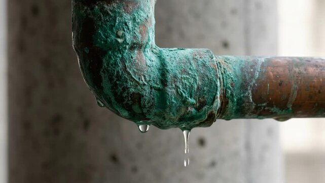 Large copper pipe fitting heavily covered in bright green verdigris corrosion dripping condensation horizontally across the frame