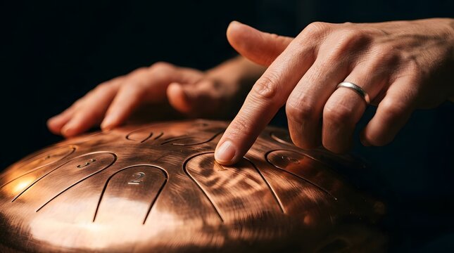 Person playing a steel tongue drum with fingers close up.