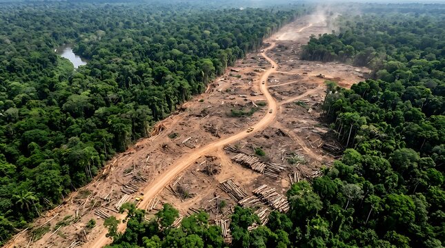 Aerial view of rainforest deforestation with a dirt road cutting through dense green jungle