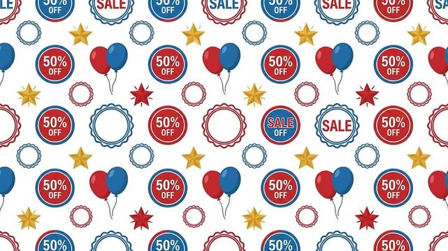 Animated Repeating Pattern of Red and Blue Sale Badges with Gold Stars