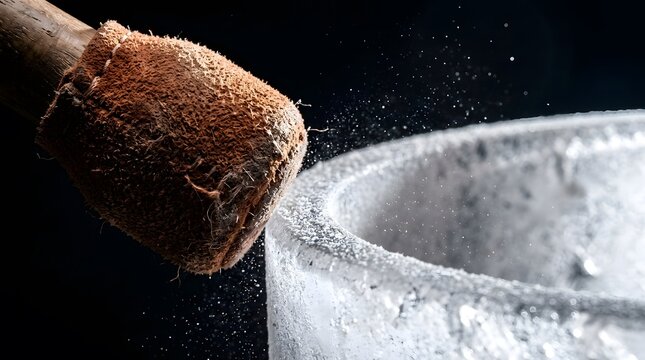 A singing bowl being struck with a mallet with particles flying.