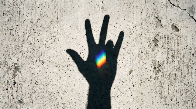 Hand shadow gesture with rainbow light prism effect on a textured concrete wall surface