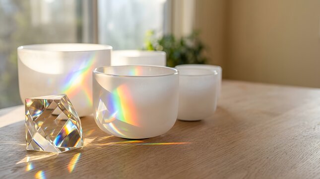 Healing quartz singing bowls arranged on a wooden surface with a crystal prism casting a vibrant rainbow.