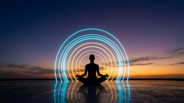 Silhouette of person meditating during sunset with glowing light rings.