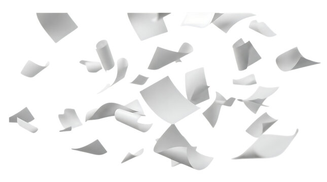 Flying blank white paper sheets isolated on transparent background