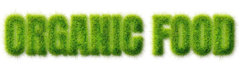 Organic Food text effect with realistic green grass texture isolated on transparent background © Mahmud