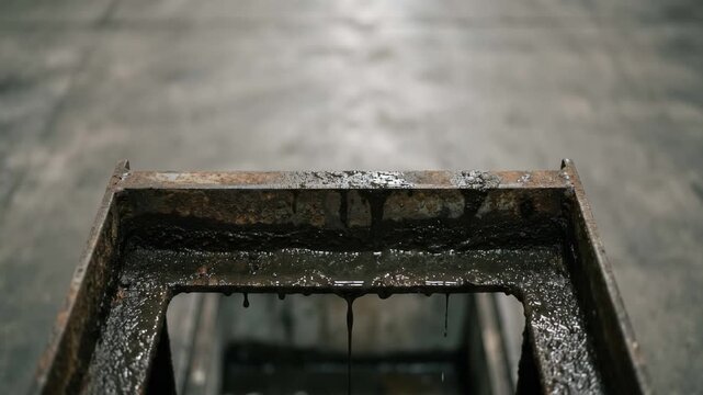 heavy rusted steel return bracket dripping thick wet slurry from its grime coated surface below the conveyor belt