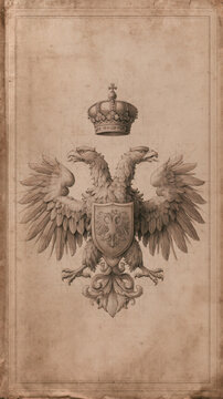 A vintage style drawing of a double headed eagle with a royal crown and a shield centered on an old textured paper background