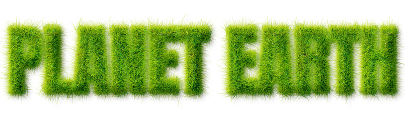 Planet Earth typography text effect made of realistic green grass blades on transparent background © Mahmud