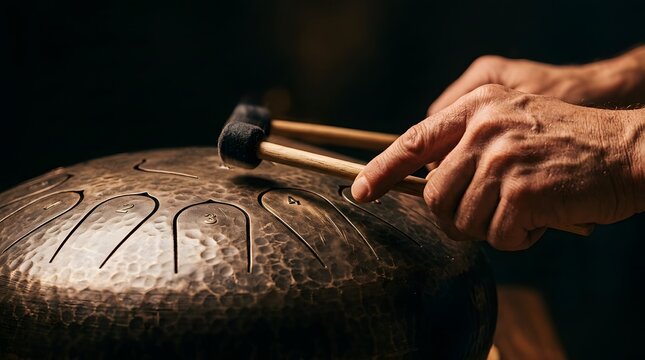 A close-up of a musicians hands playing a steel tongue drum with mallets, capturing a musical moment.