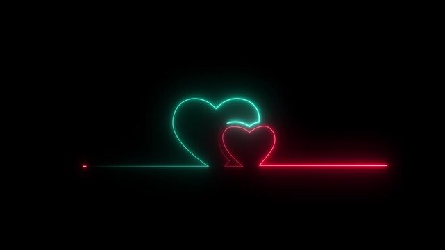 Neon line Two love hearts. Valentine's Day indicate black background.