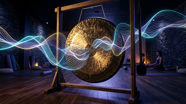 Large golden gong hanging on a wooden stand in a dim room with glowing abstract sound waves emanating from it.