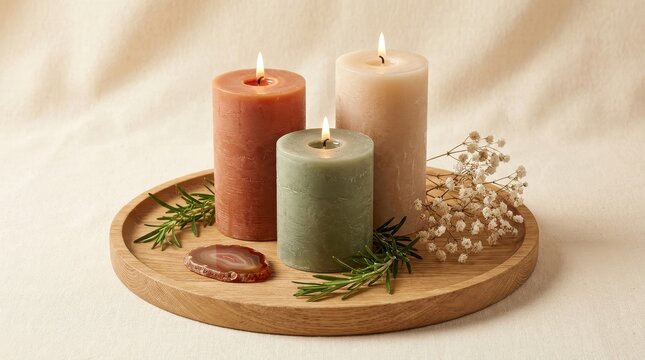 Rustic burning pillar candles in earth tones, wooden tray decorated with rosemary sprigs and dried flowers for cozy home decor