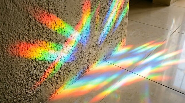 Vibrant rainbow light refraction on textured wall and floor surface