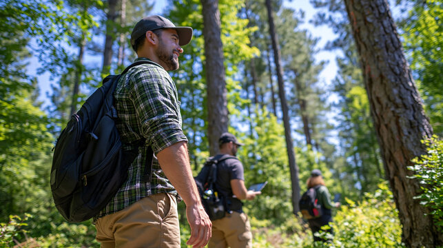 Aerial perspective of forestry professionals surveying and marking trees along a carefully managed woodland area, workers documenting tree locations and conditions with digital field equipment, sust
