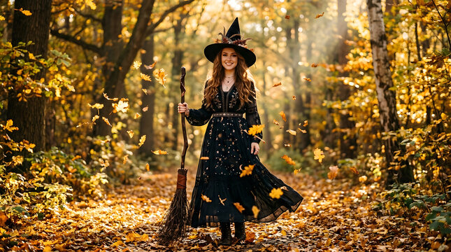  Portrait of a young woman in a stylized witch costume: black hat, long dress, broom in hand. She stands in an autumn forest, yellow leaves swirling around.