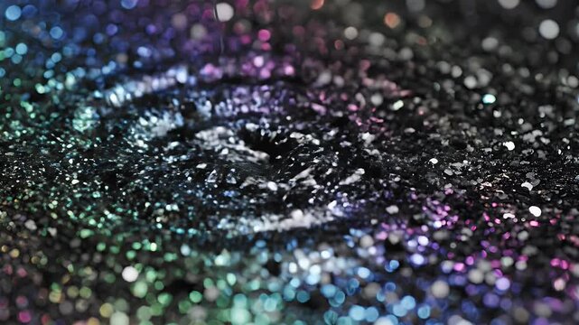 Close up of shimmering black glitter with rainbow highlights.
