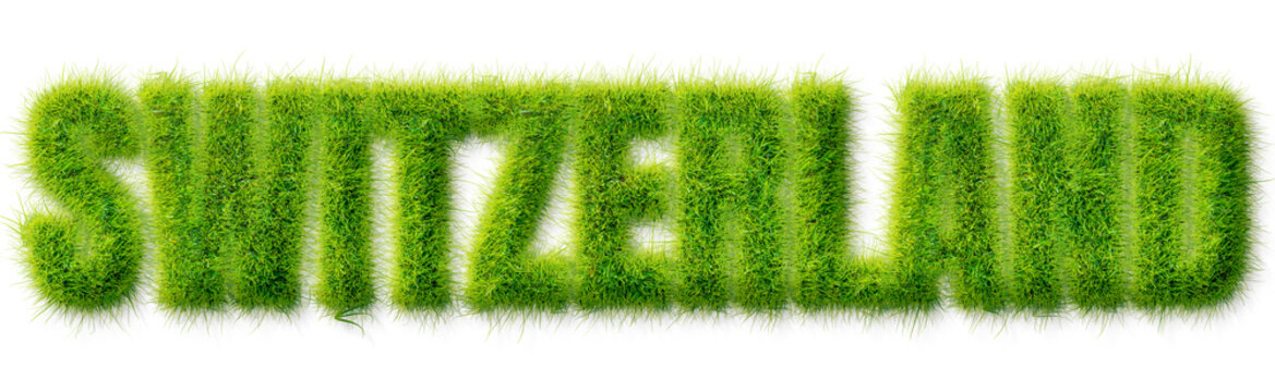 Switzerland word rendered in a realistic green grass texture isolated on transparent background