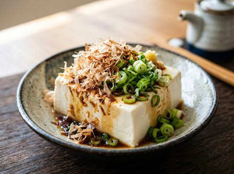 A block of chilled silken tofu topped with bonito flakes and green onions served in a ceramic bowl.