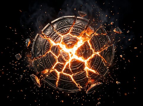Ancient circular stone artifact shattering with glowing molten cracks and flying debris on black background