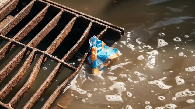 Heavy welded steel storm grate catching a brightly colored plastic wrapper amidst heavily rusted bent metal bars