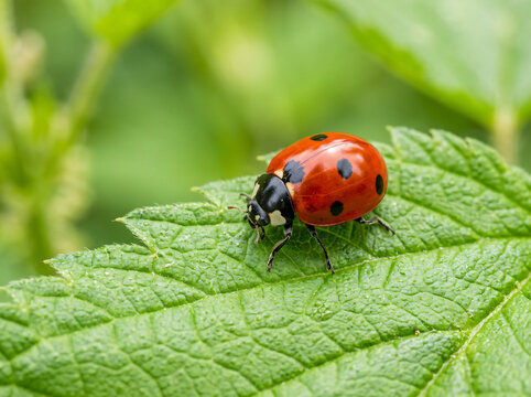 A vibrant red ladybug resting on a bright green leaf in the garden.