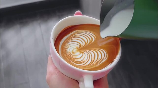 Barista Holding Pink Ceramic Cup with Rosetta Leaf Latte Art