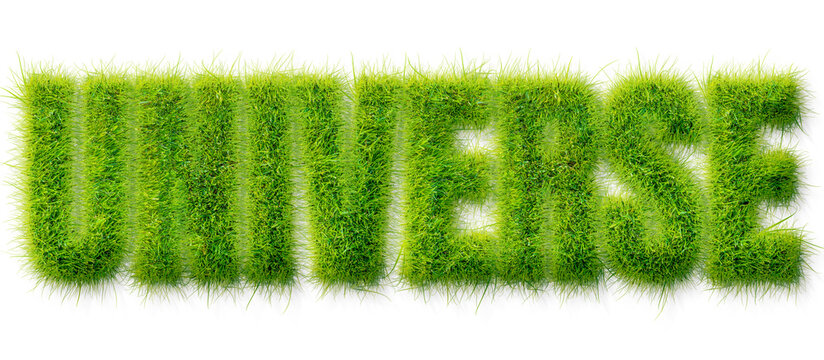 Universe word rendered in realistic green grass texture isolated on a transparent background