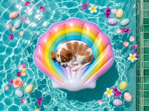 Cute puppy sleeping on a rainbow seashell pool float surrounded by easter eggs and flowers