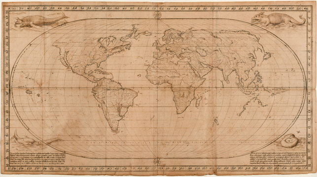 An aged antique world map features detailed continents with decorative mythical sea creatures in the corners displayed on a vintage paper texture background