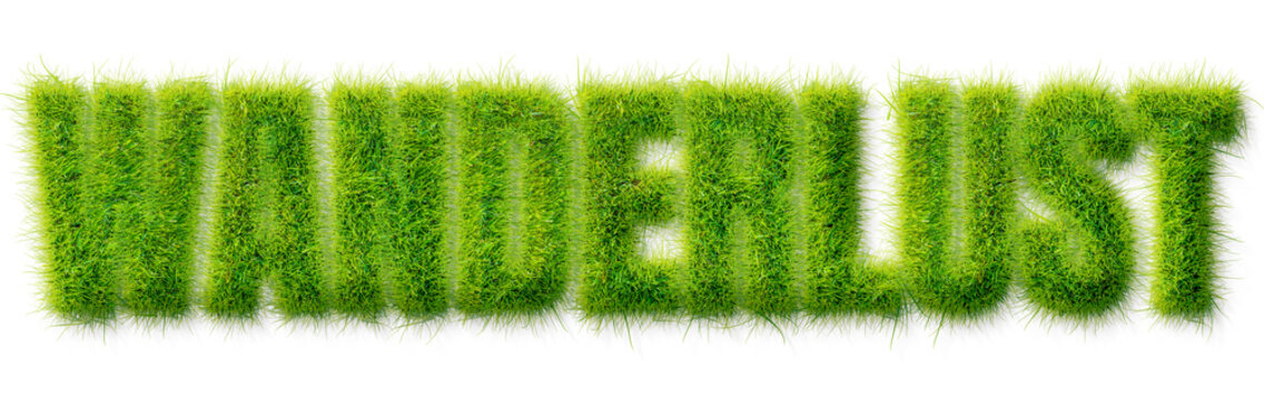 Wanderlust word rendered in realistic green grass texture isolated on a transparent background