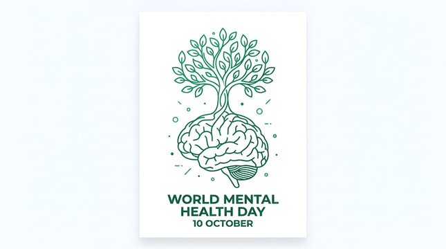 Line art style world mental health day poster featuring a tree growing from a human brain