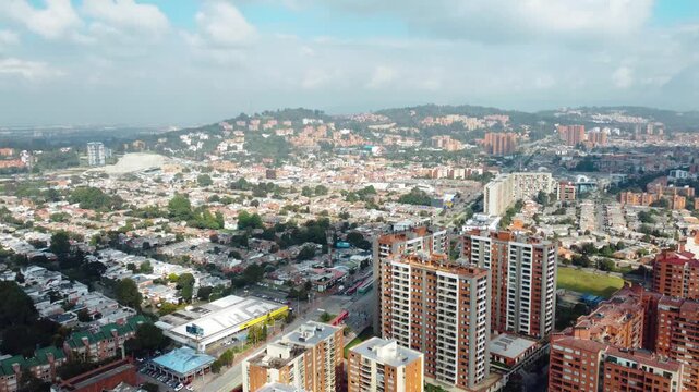 Aerial drone view over suba road and buildings blue sky mountain background Bogota Colombia Latin america 4k