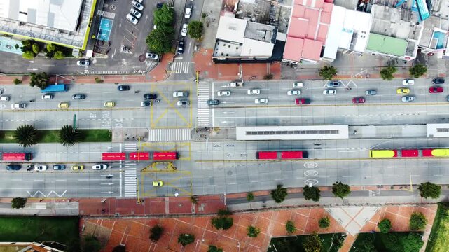 Top View Suba road cars and trasmilenio public transport system in Bogota Colombia, Latin America 4k