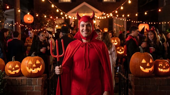 Man in a red devil costume holding a pitchfork at a halloween party
