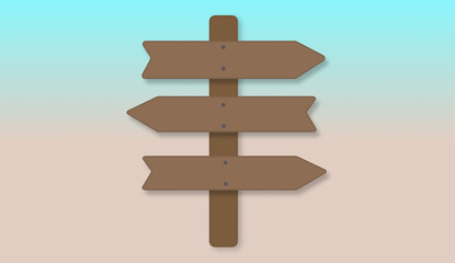 Brown wooden signpost with three blank arrow signs pointing left and right on blue beige gradient. Great for direction, choice and travel themed designs. © Aliona